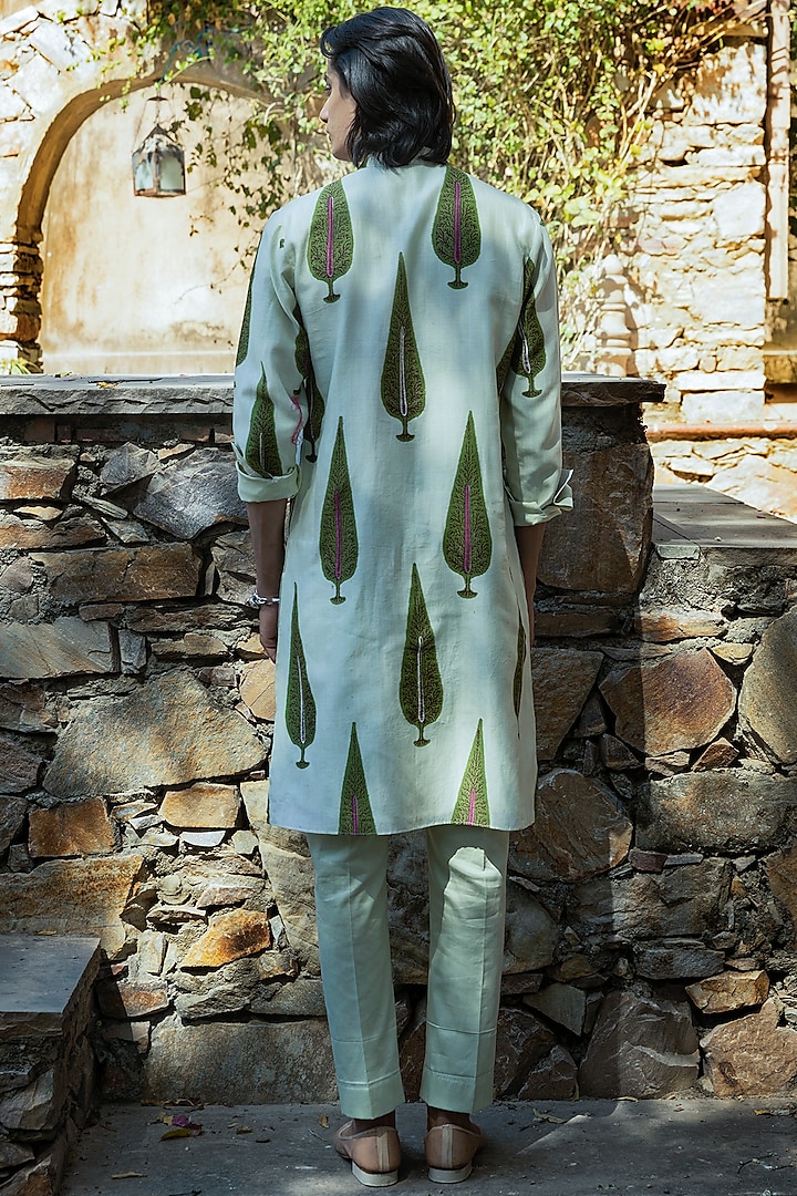 Mint Green Silk Chanderi Embroidered Kurta Set by Punit Balana Men at Pernia's Pop Up Shop