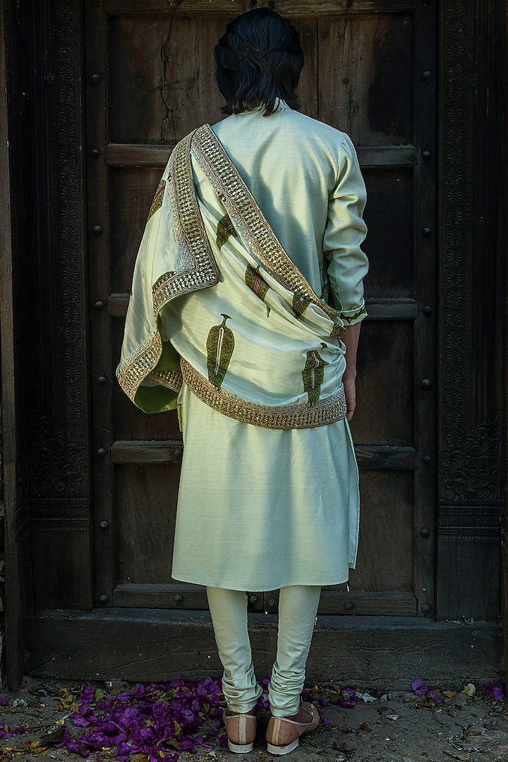 Mint Green Silk Chanderi Embroidered Kurta Set by Punit Balana Men at Pernia's Pop Up Shop