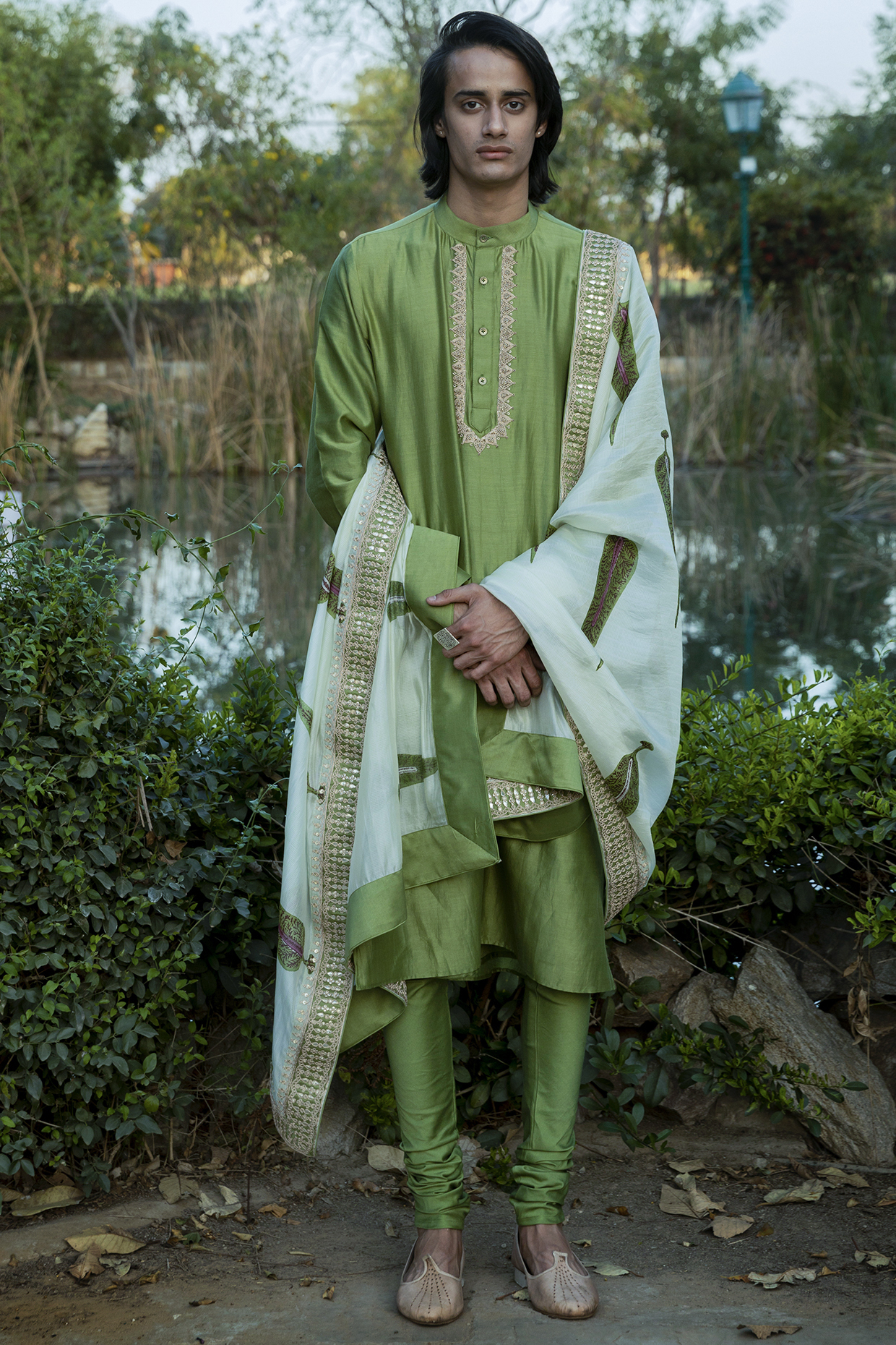 Dark Green Embroidered Kurta Set by Punit Balana Men