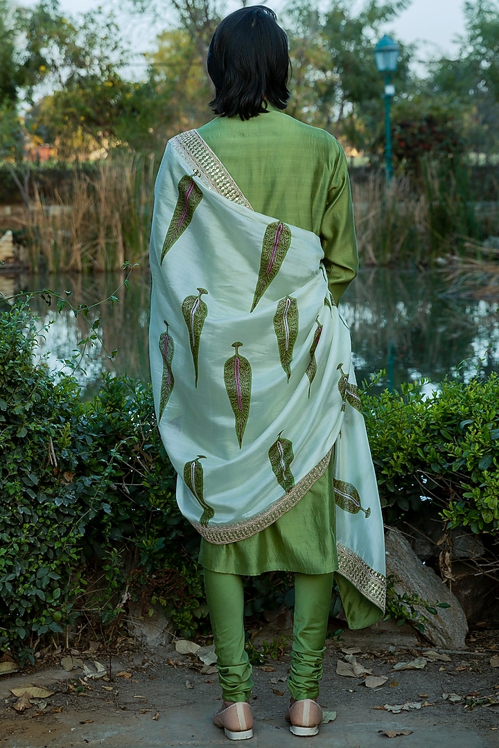Dark Green Silk Chanderi Marodi Embroidered Kurta Set by Punit Balana Men at Pernia's Pop Up Shop