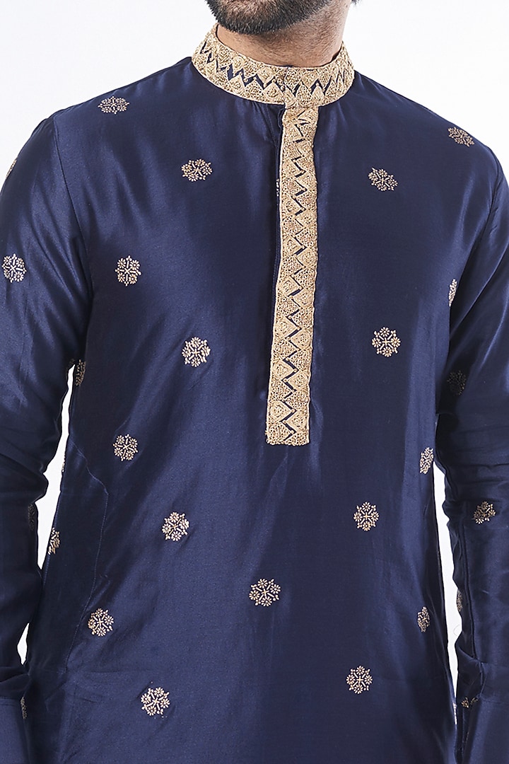 Blue Silk Chanderi Block Printed Kurta Set by Punit Balana Men at Pernia's Pop Up Shop