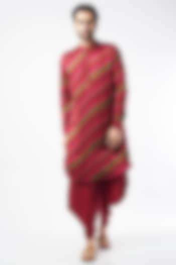 Cherry Red Printed Kurta Set by Punit Balana Men