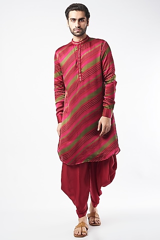 Cherry Red Printed Kurta Set by Punit Balana Men