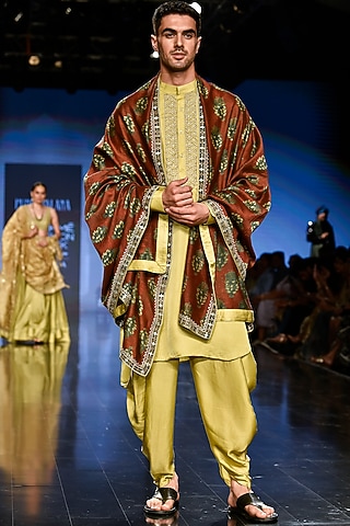 Dry Henna Green Kurta Set With Marodi Work by Punit Balana Men