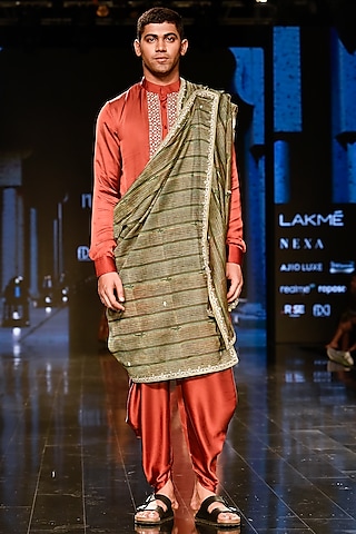 Brick Red Kurta Set Marodi Work by Punit Balana Men