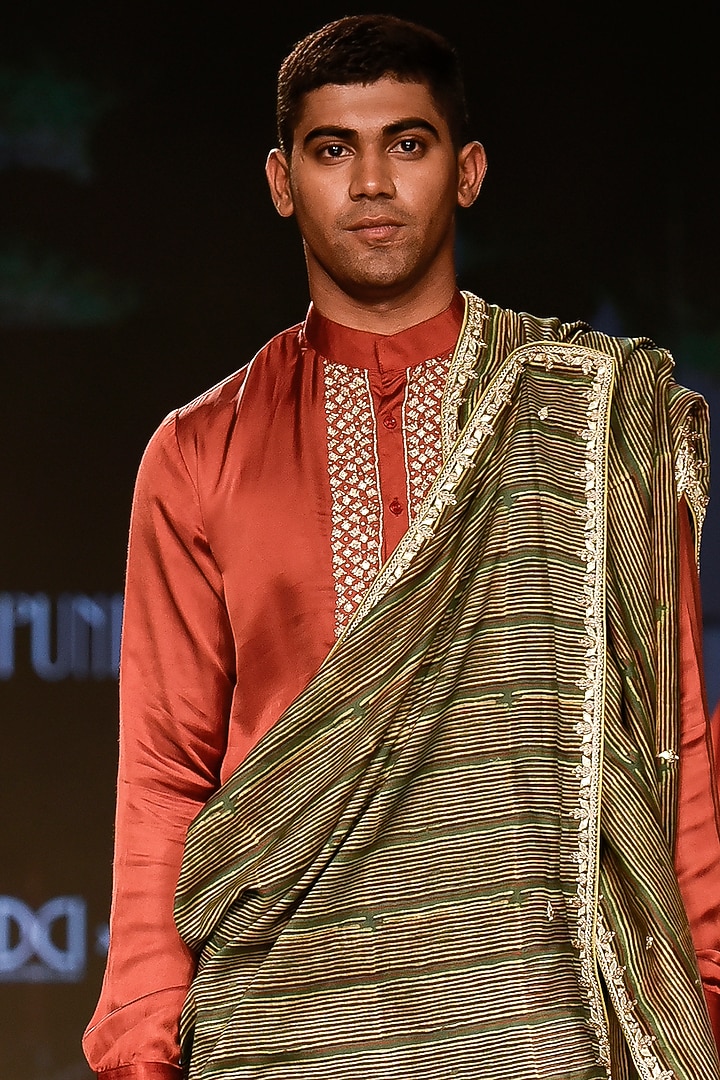 Brick Red Kurta Set Marodi Work by Punit Balana Men at Pernia's Pop Up Shop