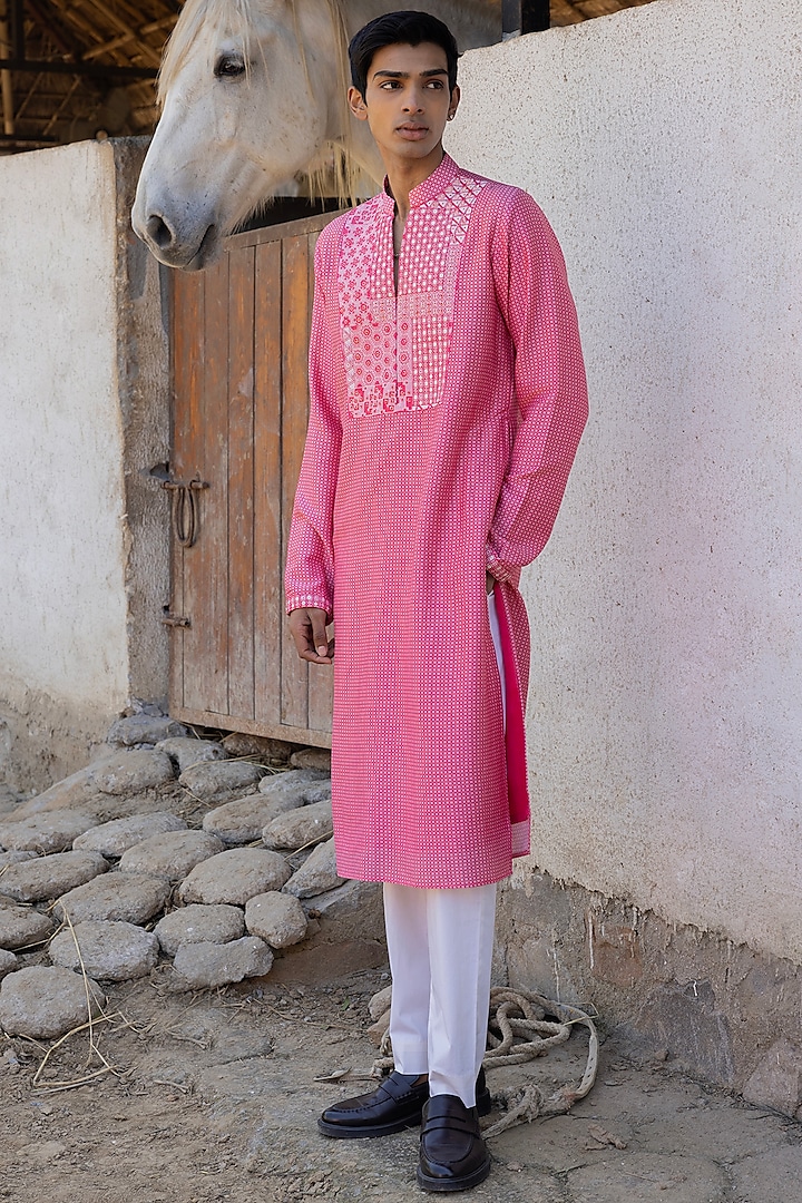 Pink Chanderi Silk Printed & Embroidered Kurta Set by Punit Balana Men