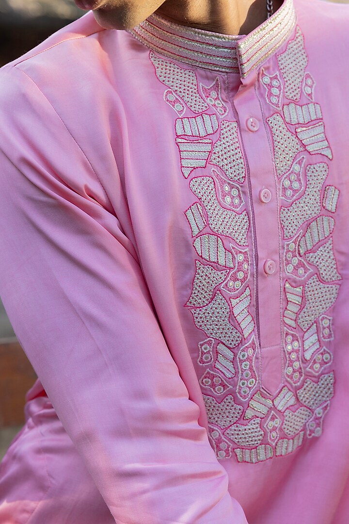 Pink Satin Silk Patch Work Embroidered Kurta Set by Punit Balana Men at Pernia's Pop Up Shop