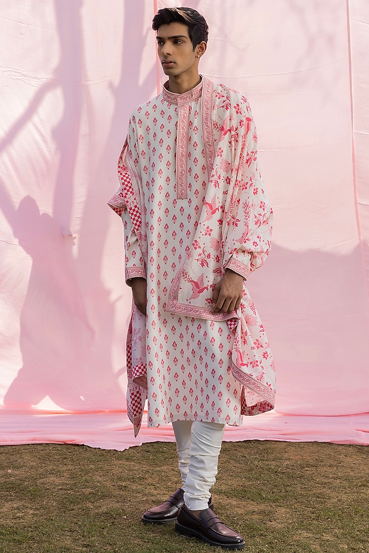 Ivory & Pink Tussar Silk Printed Kurta Set by Punit Balana Men