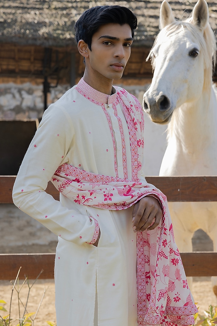 Ivory Tussar Silk Resham Embroidered Kurta Set by Punit Balana Men at Pernia's Pop Up Shop