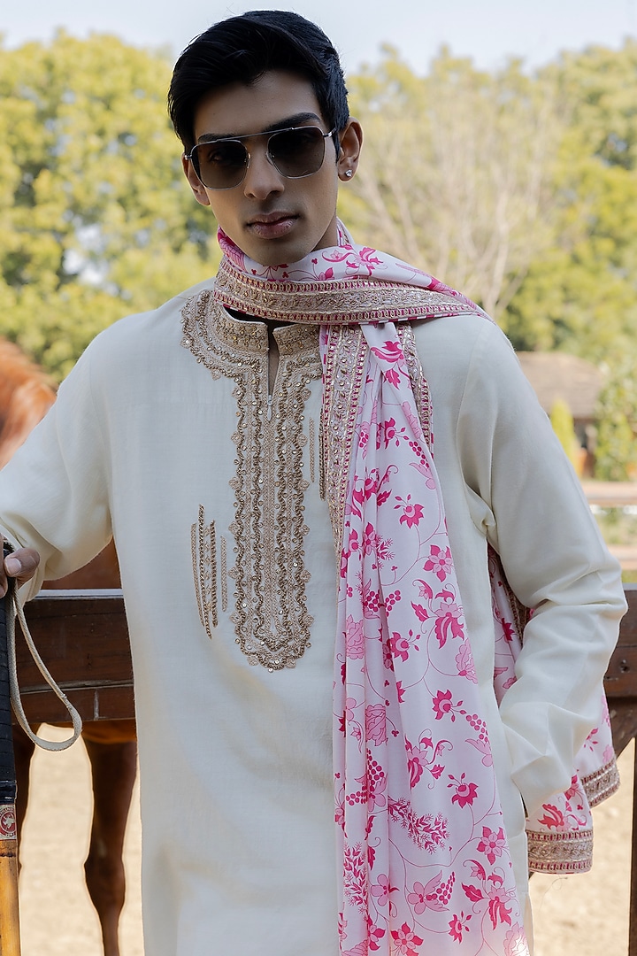 Ivory Tussar Silk Marodi Embroidered Kurta Set by Punit Balana Men at Pernia's Pop Up Shop