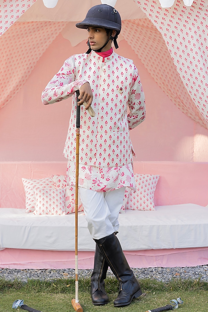 Ivory & Pink Satin Silk Printed Bundi Jacket Set by Punit Balana Men