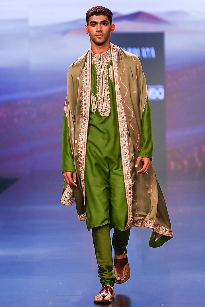 Green Tussar Silk Embroidered & Printed Kurta Set by Punit Balana Men