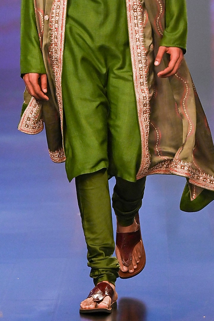 Green Tussar Silk Embroidered & Printed Kurta Set by Punit Balana Men at Pernia's Pop Up Shop