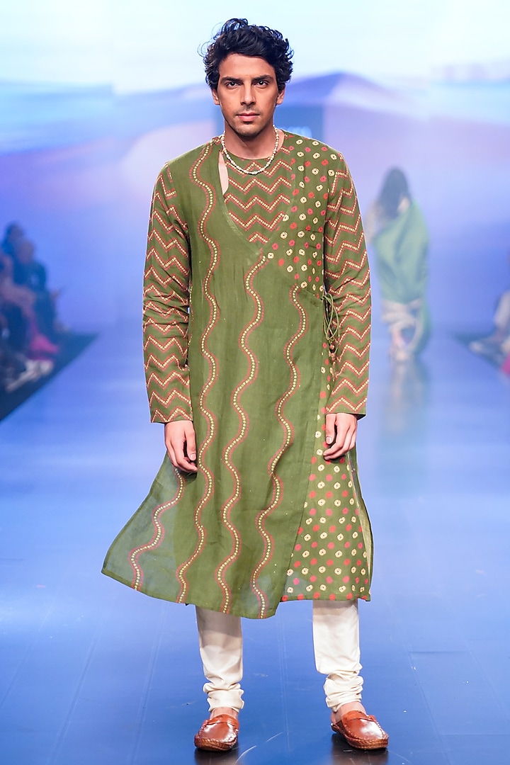 Green Linen Printed Angrakha Kurta Set by Punit Balana Men