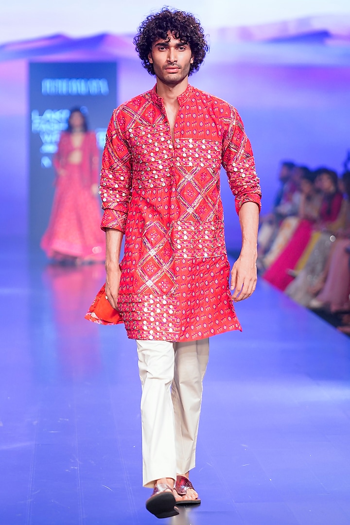 Red Chanderi Silk Embroidered Kurta Set by Punit Balana Men