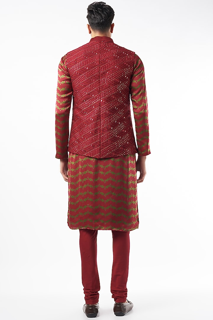 Cherry Red Chanderi Silk & Satin Silk Embellished Bundi Jacket Set by Punit Balana Men at Pernia's Pop Up Shop