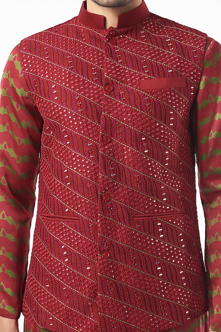 Cherry Red Chanderi Silk & Satin Silk Embellished Bundi Jacket Set by Punit Balana Men at Pernia's Pop Up Shop