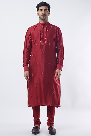 Cherry Red Embellished Kurta Set by Punit Balana Men