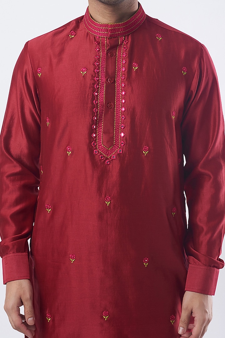 Cherry Red Embellished Kurta Set by Punit Balana Men at Pernia's Pop Up Shop