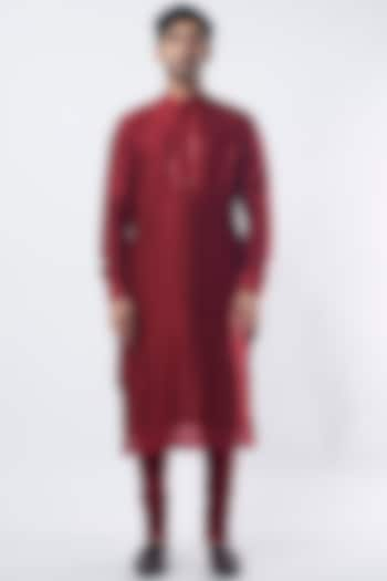 Cherry Red Mirror Embellished Kurta Set by Punit Balana Men