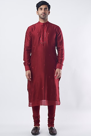 Cherry Red Mirror Embellished Kurta Set by Punit Balana Men