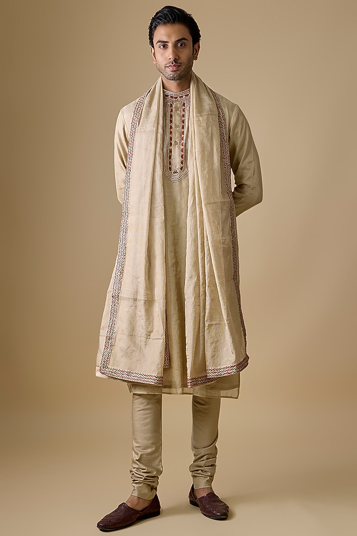 Gold Chanderi Silk Kurta Set by Punit Balana Men at Pernia's Pop Up Shop