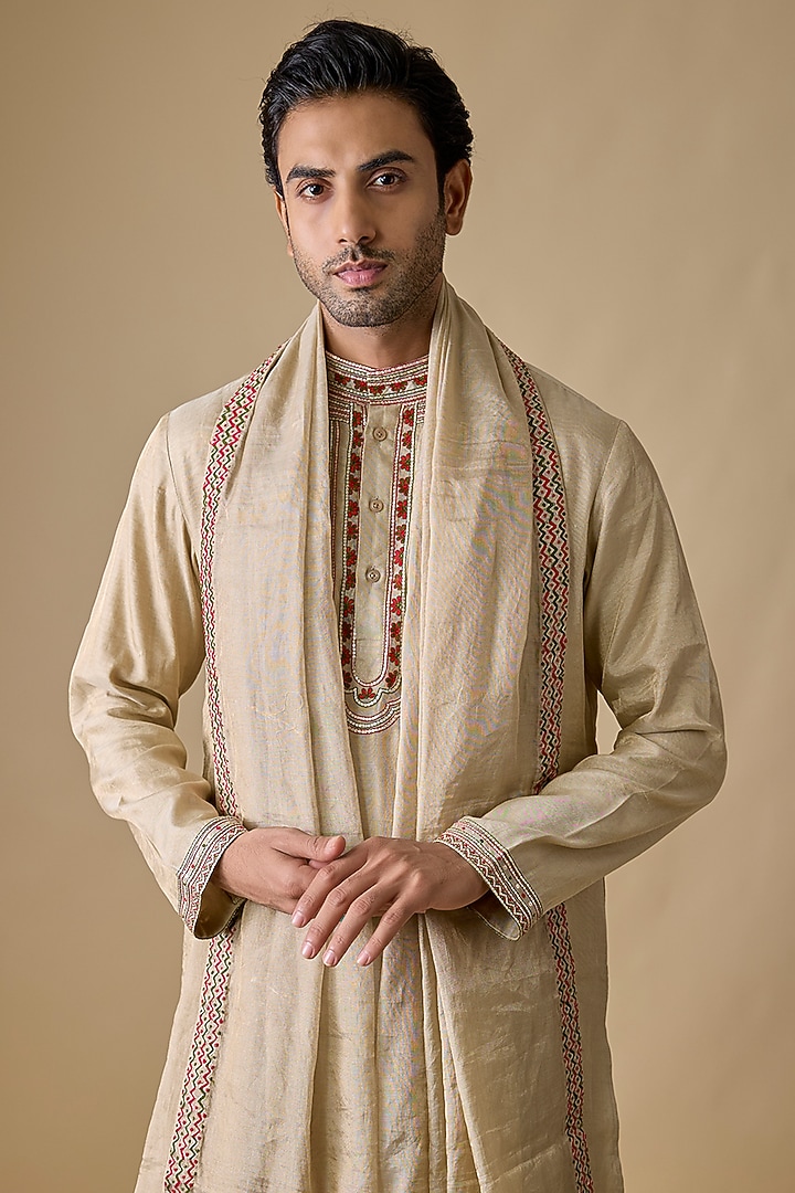 Gold Chanderi Silk Kurta Set by Punit Balana Men at Pernia's Pop Up Shop