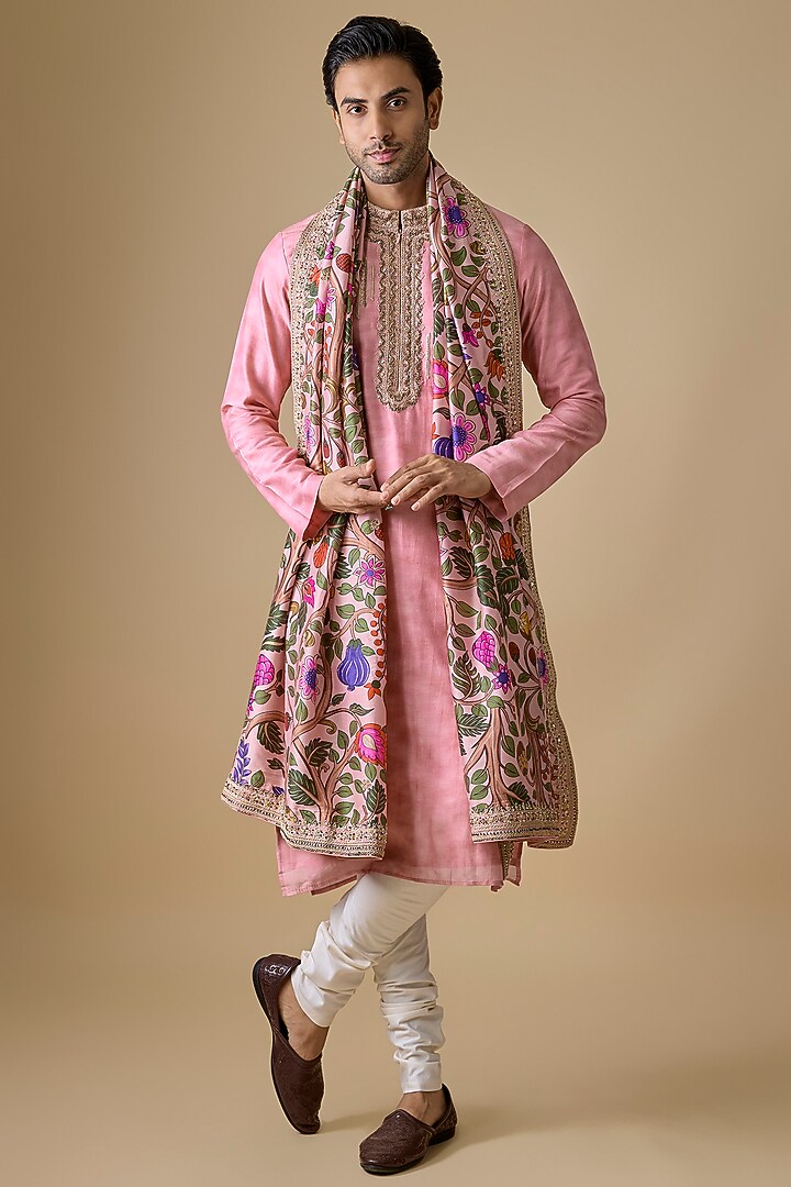 Dusty Pink Chanderi Silk Kurta Set by Punit Balana Men at Pernia's Pop Up Shop