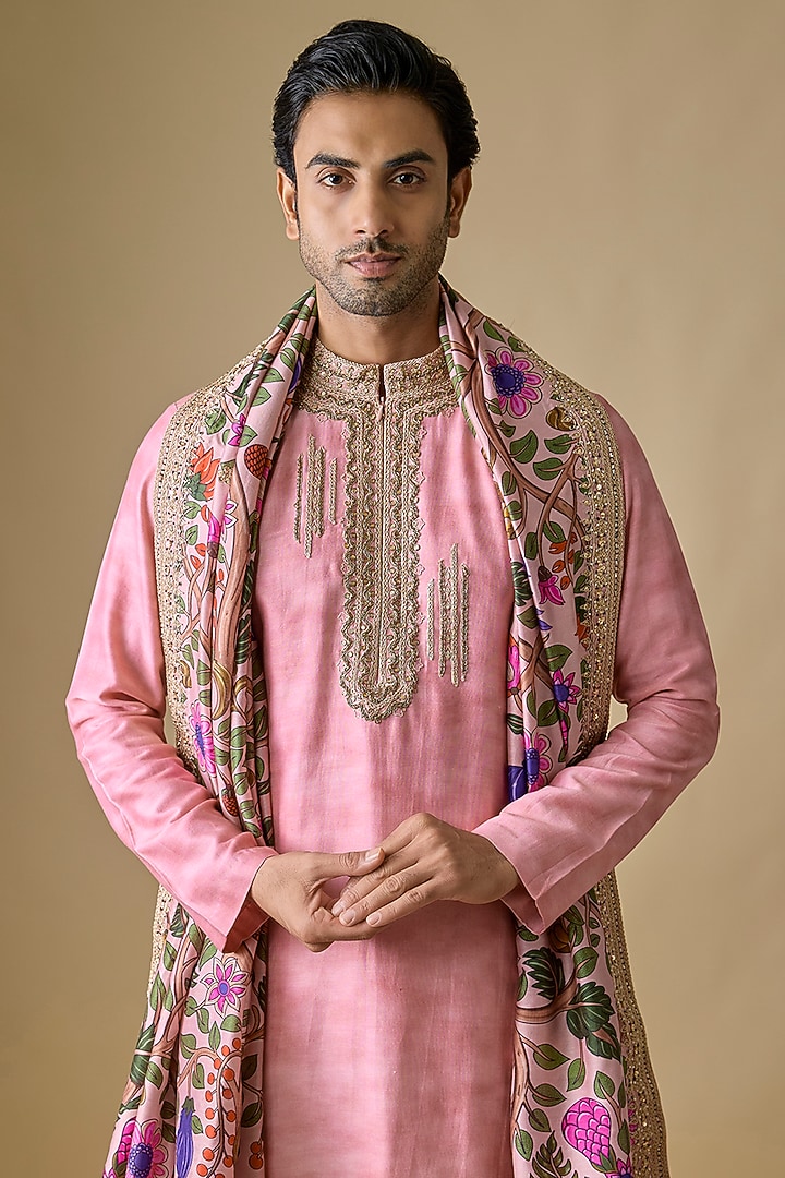 Dusty Pink Chanderi Silk Kurta Set by Punit Balana Men at Pernia's Pop Up Shop