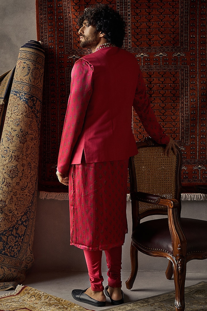 Cherry Red Tussar Silk Bundi Jacket Set by Punit Balana Men at Pernia's Pop Up Shop