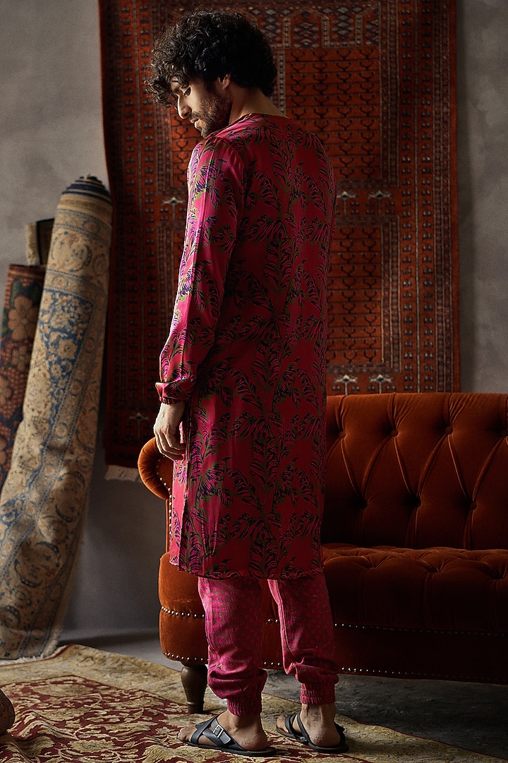 Cherry Red Printed Kurta Set by Punit Balana Men at Pernia's Pop Up Shop