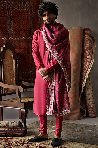 Cherry Red Tussar Silk Kurta Set With Dushala by Punit Balana Men