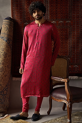 Cherry Red Satin Silk Kurta Set by Punit Balana Men