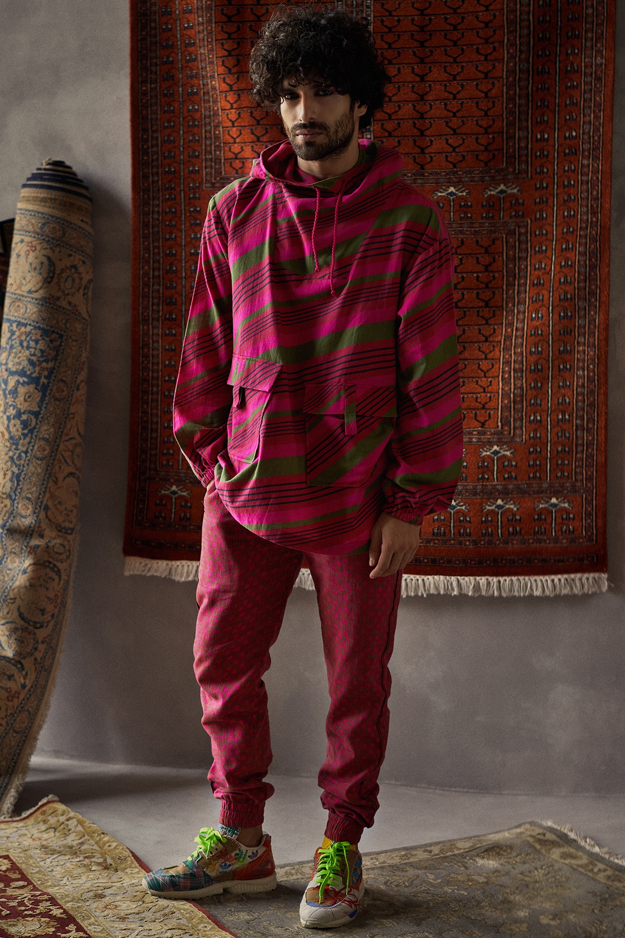 Cherry Red Oversized Hoodie With Pants Design by Punit Balana Men