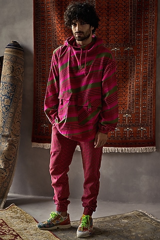Cherry Red Oversized Hoodie With Pants by Punit Balana Men
