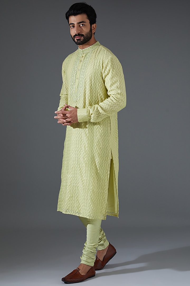 Mint Chanderi Silk Embroidered Kurta Set by Punit Balana Men at Pernia's Pop Up Shop