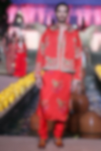 Surkh Laal Satin Silk Marodi Embroidered Jacket Set by Punit Balana Men at Pernia's Pop Up Shop