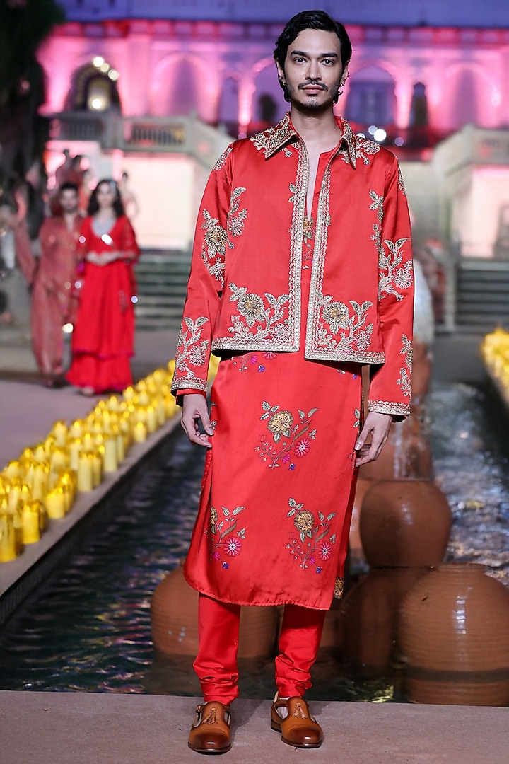 Surkh Laal Satin Silk Marodi Embroidered Jacket Set by Punit Balana Men at Pernia's Pop Up Shop