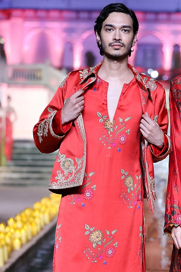 Surkh Laal Satin Silk Marodi Embroidered Jacket Set by Punit Balana Men at Pernia's Pop Up Shop
