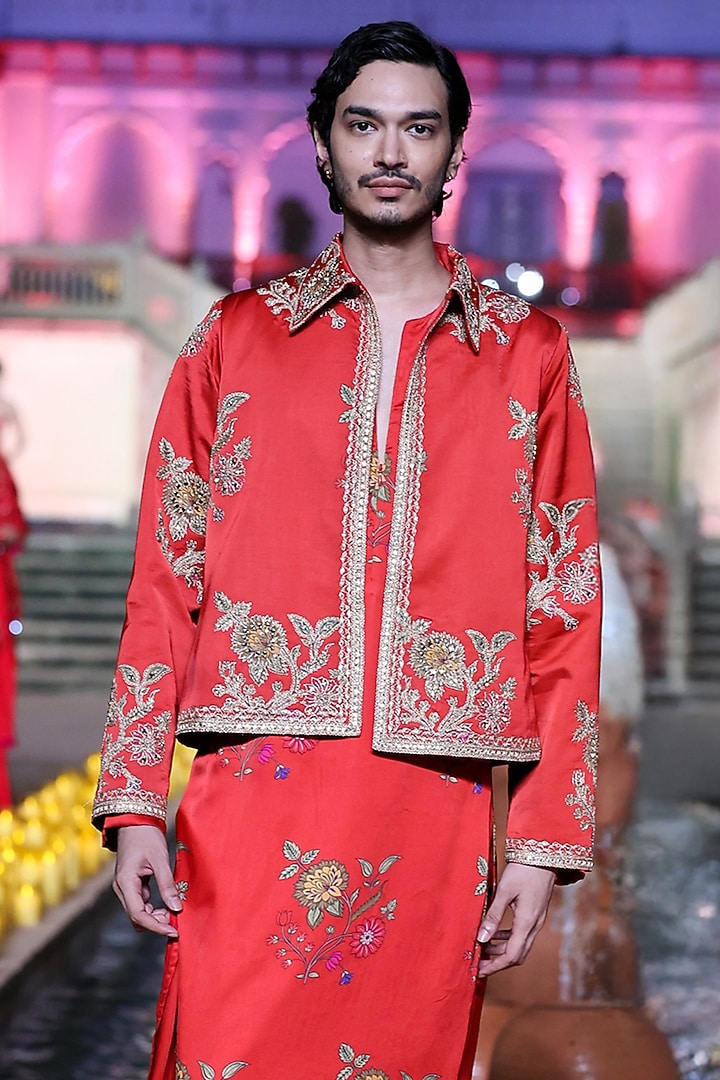 Surkh Laal Satin Silk Marodi Embroidered Jacket Set by Punit Balana Men at Pernia's Pop Up Shop