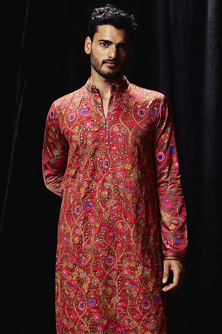 Surkh Laal Satin Silk Resham Work Kurta Set by Punit Balana Men at Pernia's Pop Up Shop