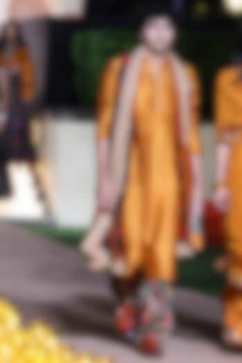 Mustard Raw Silk Marodi Work Kurta Set by Punit Balana Men