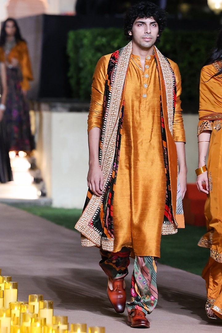 Mustard Raw Silk Marodi Work Kurta Set by Punit Balana Men