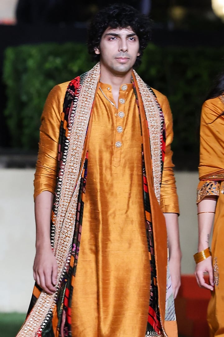 Mustard Raw Silk Marodi Work Kurta Set by Punit Balana Men at Pernia's Pop Up Shop