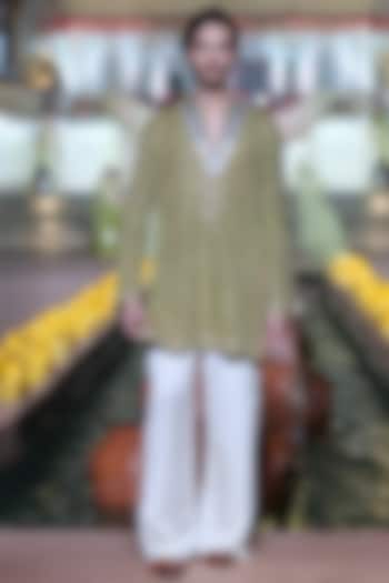 Heena Green Velvet Marodi Embroidered Kurta Set by Punit Balana Men