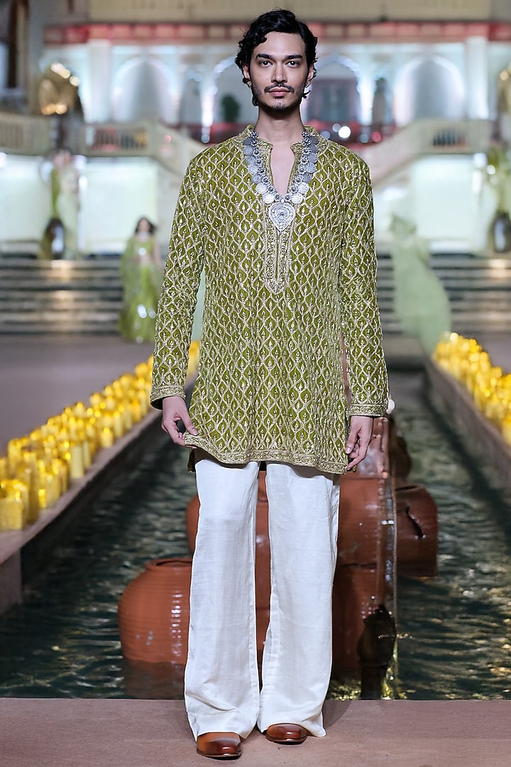 Heena Green Velvet Marodi Embroidered Kurta Set by Punit Balana Men
