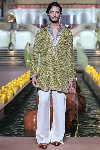 Heena Green Velvet Marodi Embroidered Kurta Set by Punit Balana Men