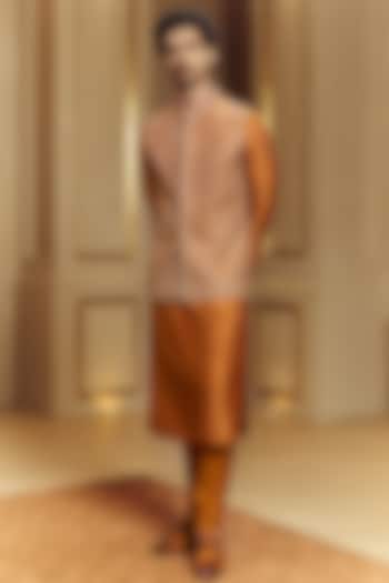 Mustard Raw Silk Hand Embroidered Bundi Jacket Set by Punit Balana Men at Pernia's Pop Up Shop