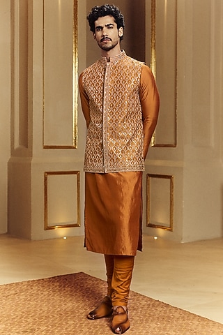 Mustard Raw Silk Hand Embroidered Bundi Jacket Set by Punit Balana Men